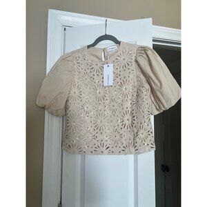Anniewear Beige Puff Sleeve Crochet Overlay Top With Sequins Womens S